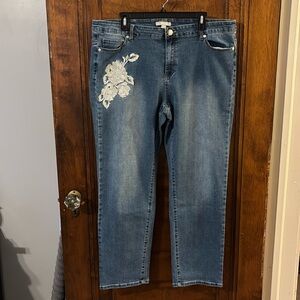 NWOT Woman Within Blue Straight Leg Jeans w/ White Flower Embroidery Size 20W
